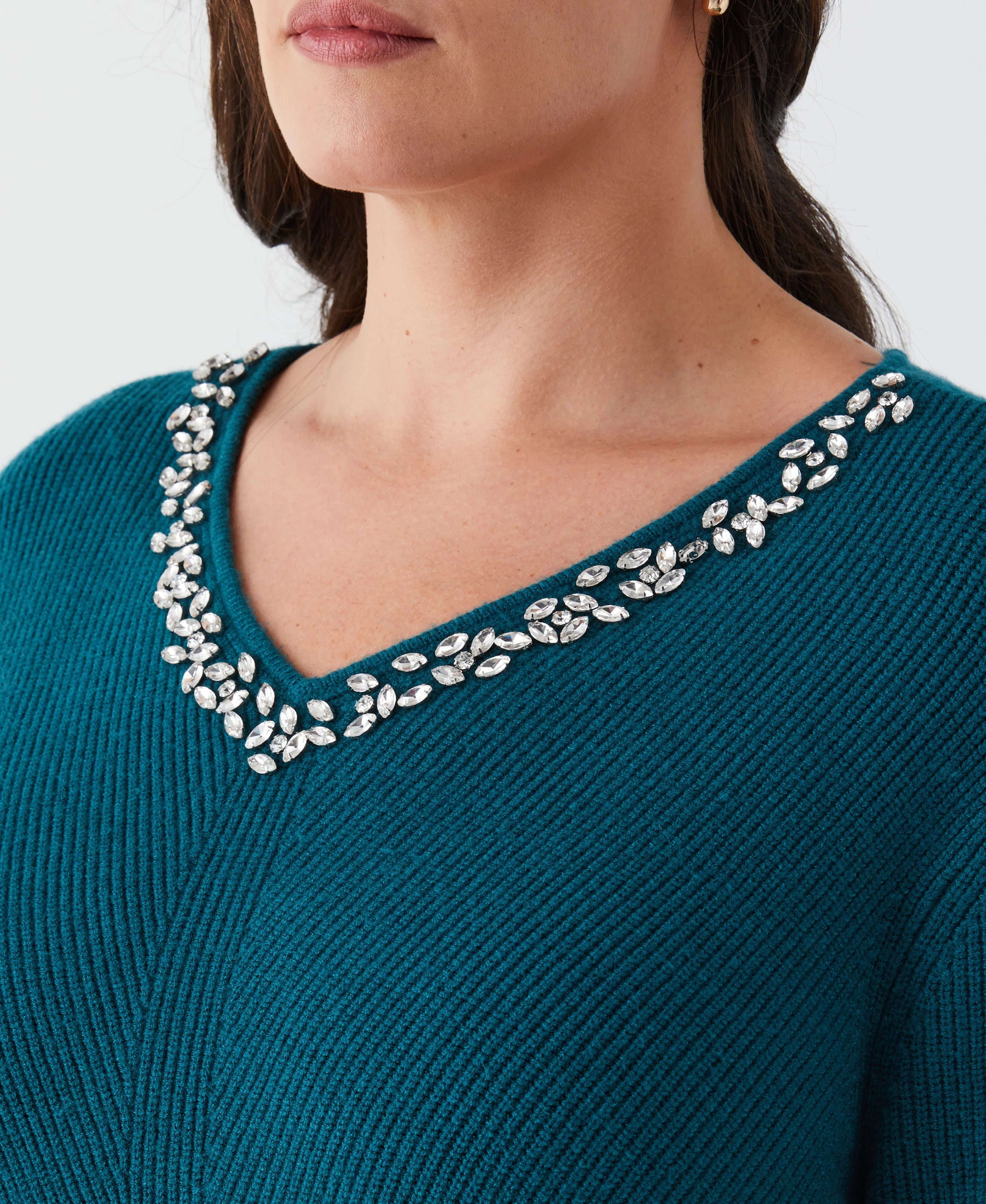 Plus Size Embellished V Neck Sweater