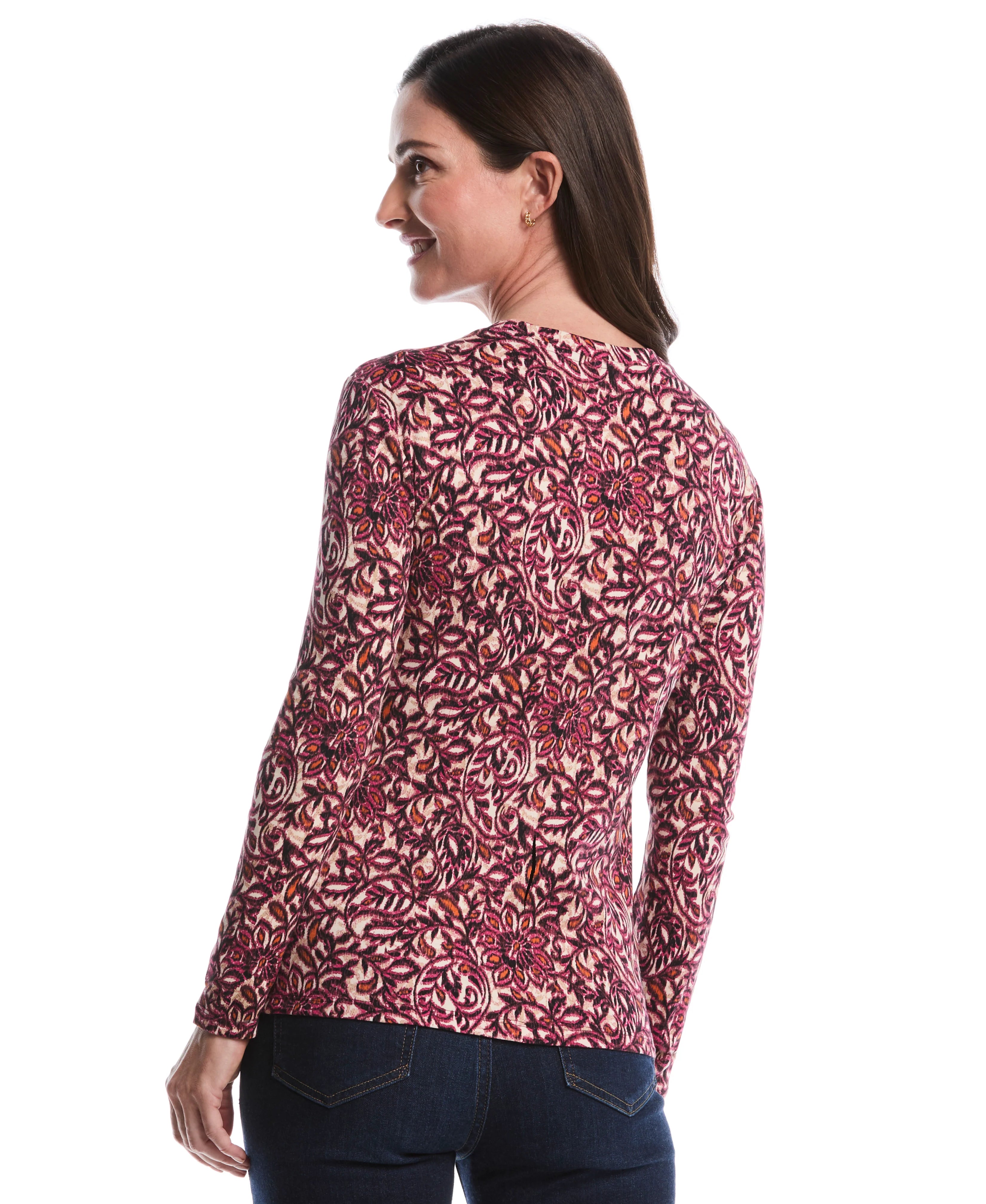 Elegant Print Laced Crew Neck Top