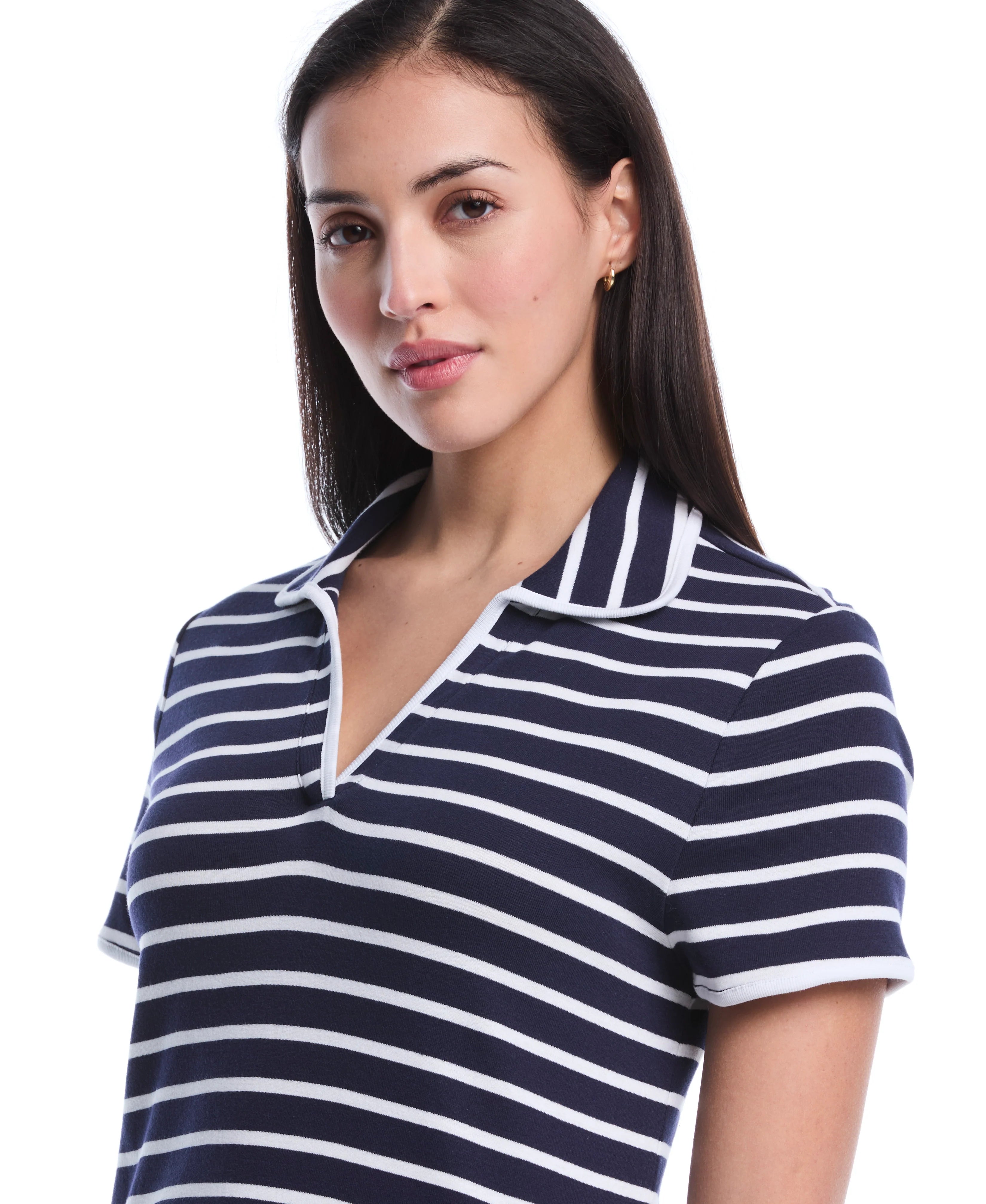 Petite Striped Contrast Trim Johnny Collar Polo