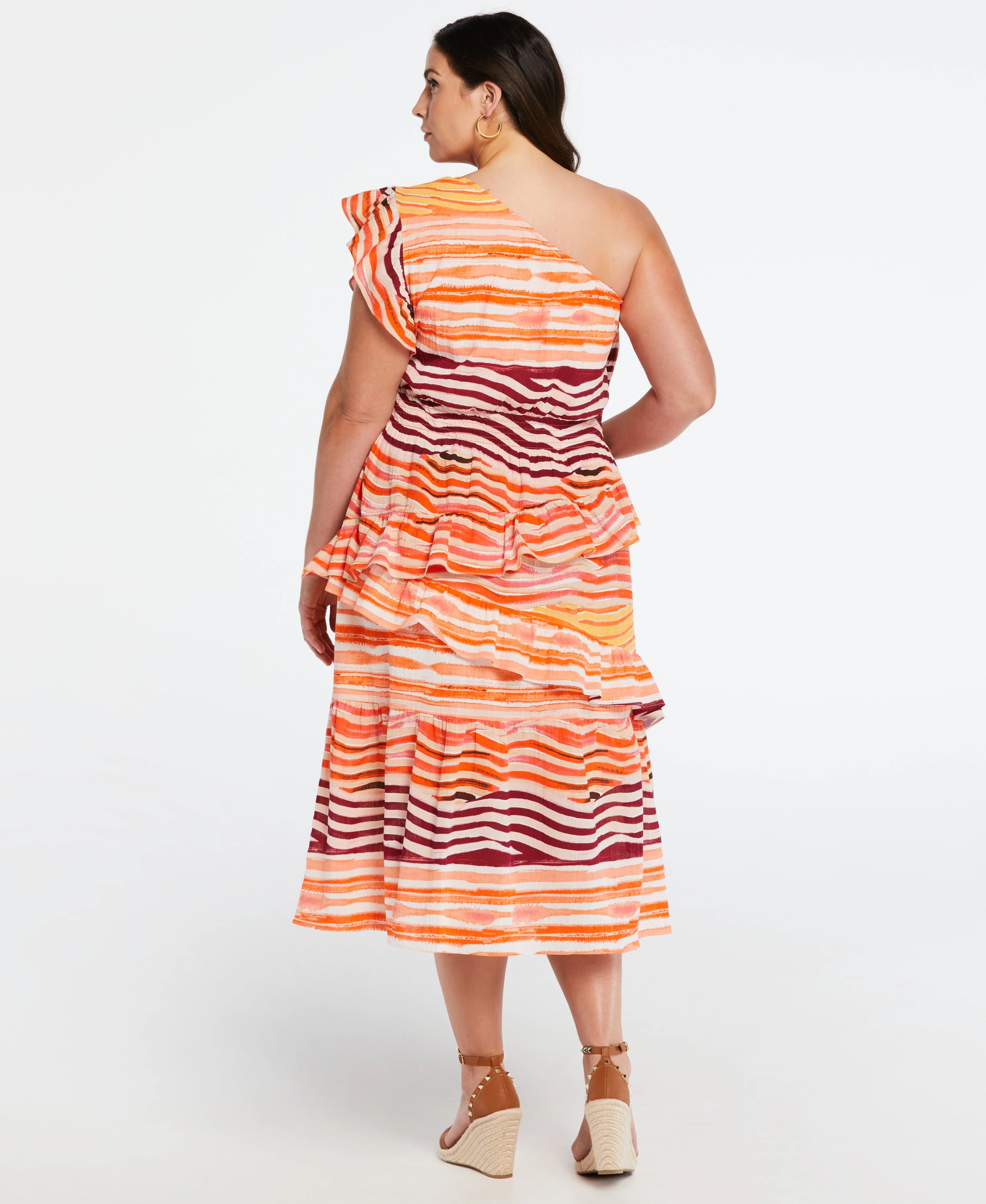 Plus Size 100 Cotton One Shoulder Ruffle Midi Dress