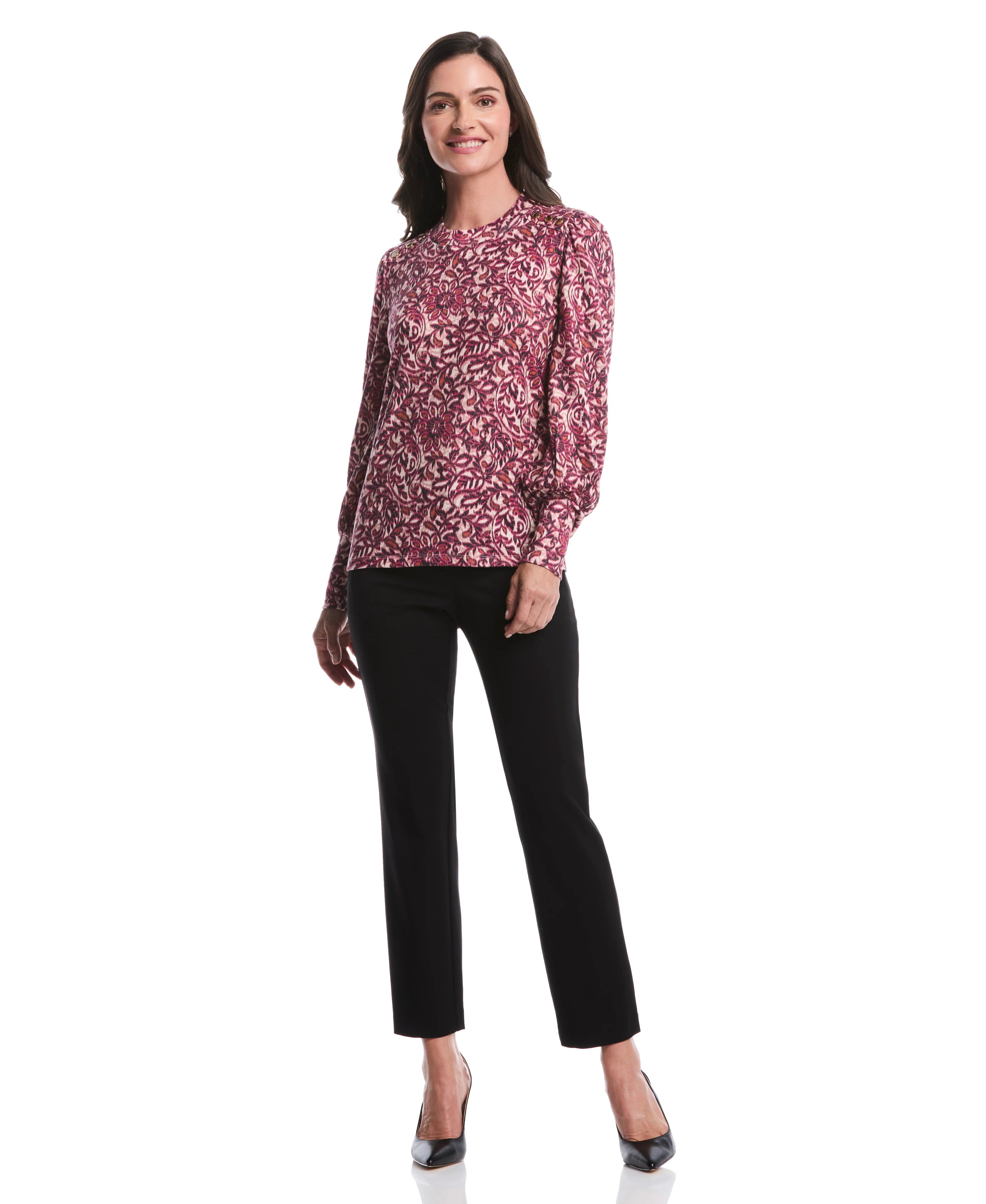 Paisley Print Puff Sleeve Crew Neck Top