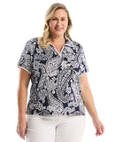 Plus Size Paisley Print Contrast Trim Johnny Collar Polo