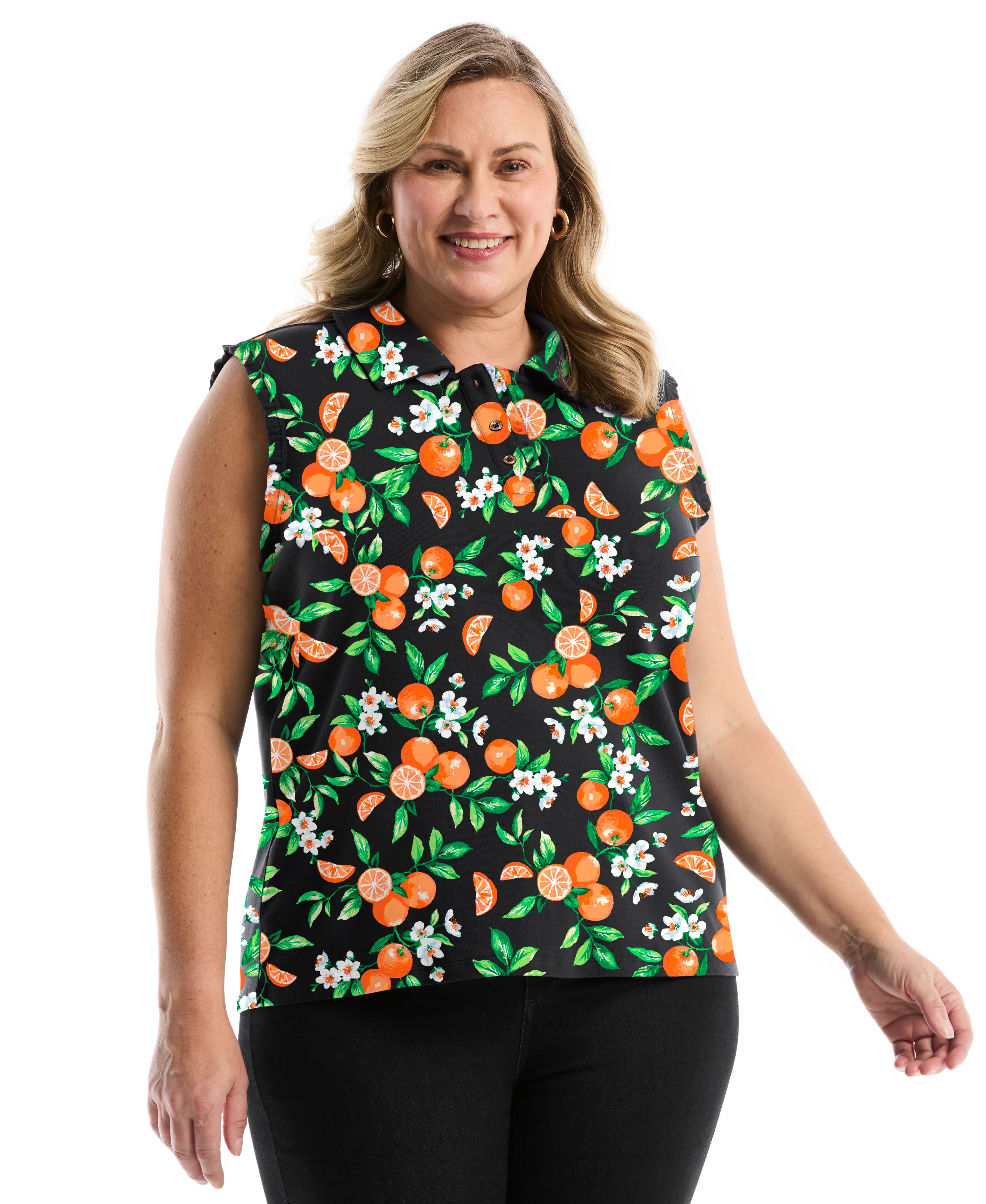 Plus Size Orange Print Ruffle Trim Polo