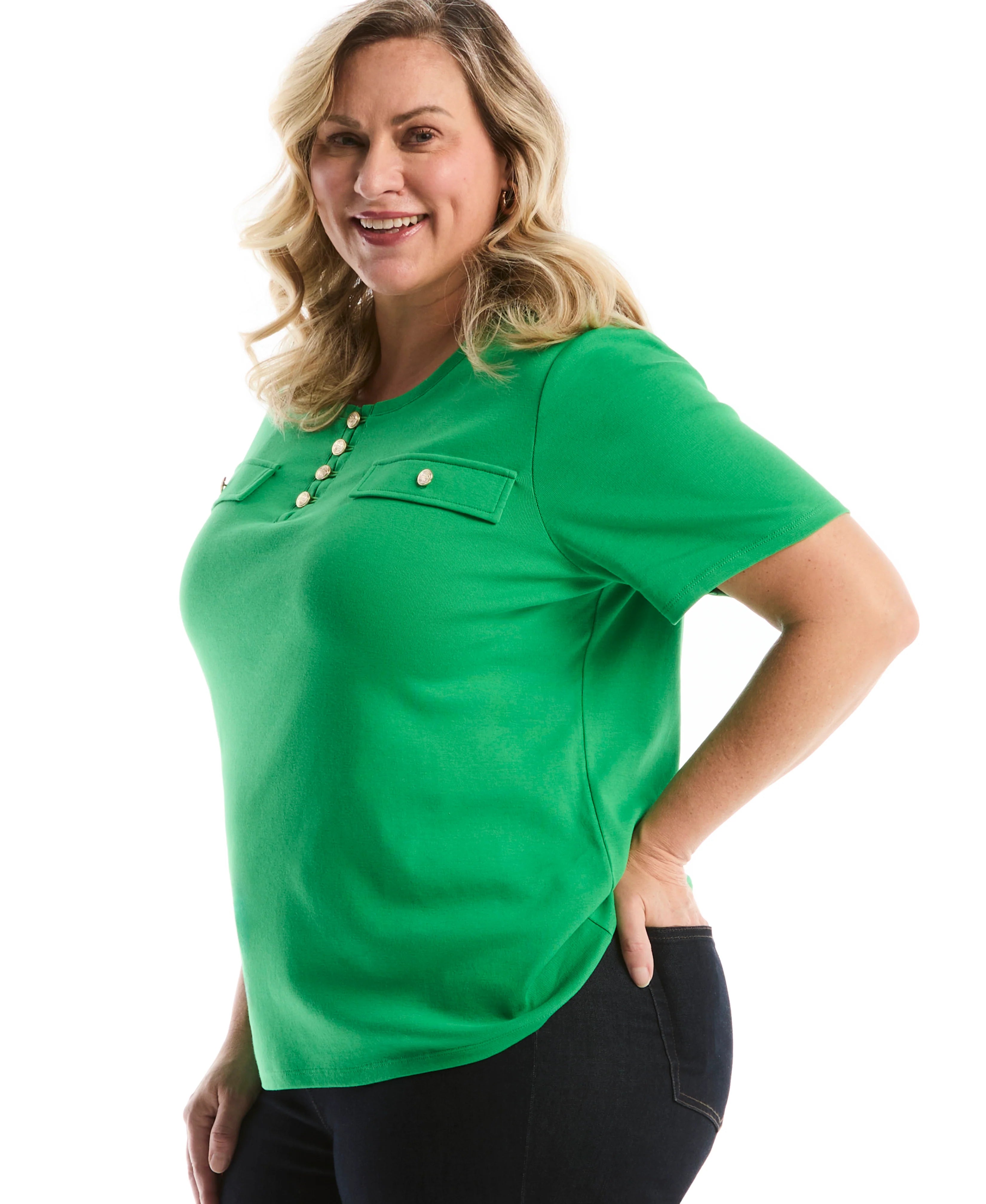 Plus Size Welt Pocket Button Detail Top