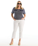 Plus Size Striped Welt Pocket Button Detail Top