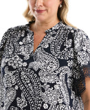 Plus Size Paisley Print Flutter Lace Sleeve Blouse