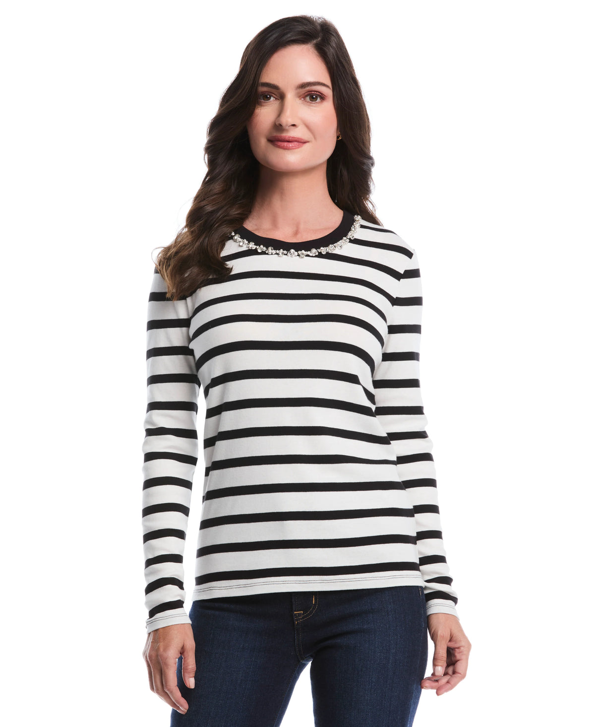 Striped Print Embellished Neck Top
