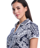 Petite Paisley Print Contrast Trim Johnny Collar Polo