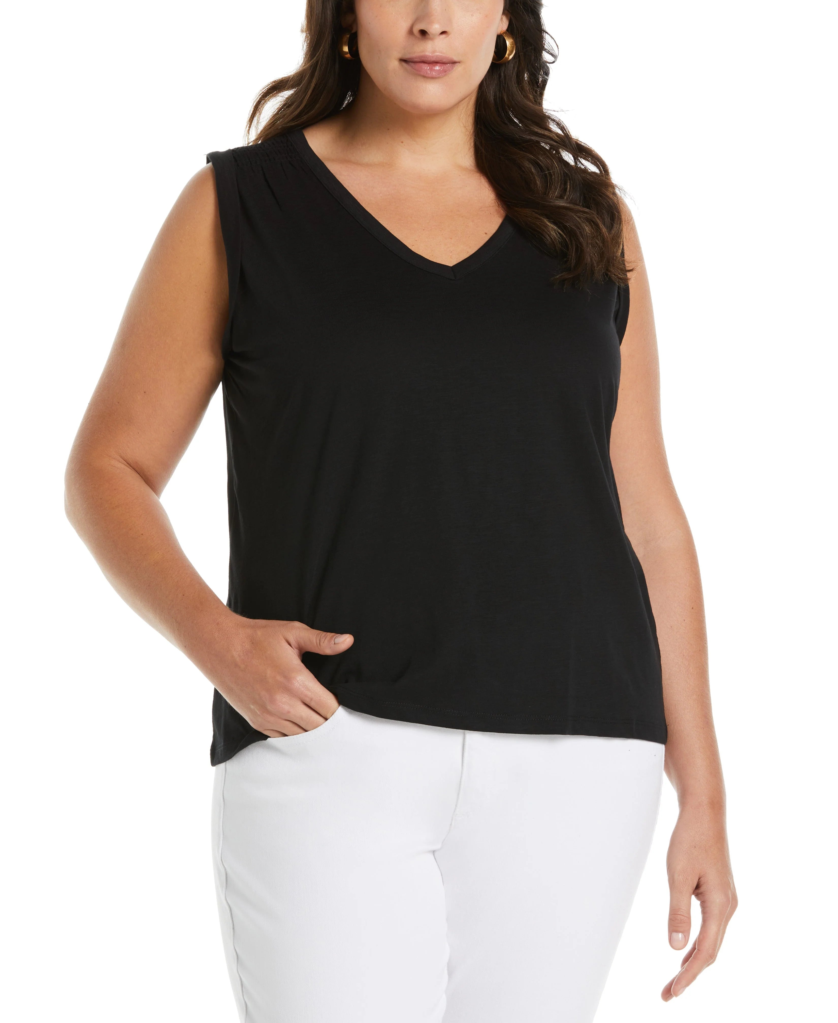Plus Size Solid Smocked V neck Top