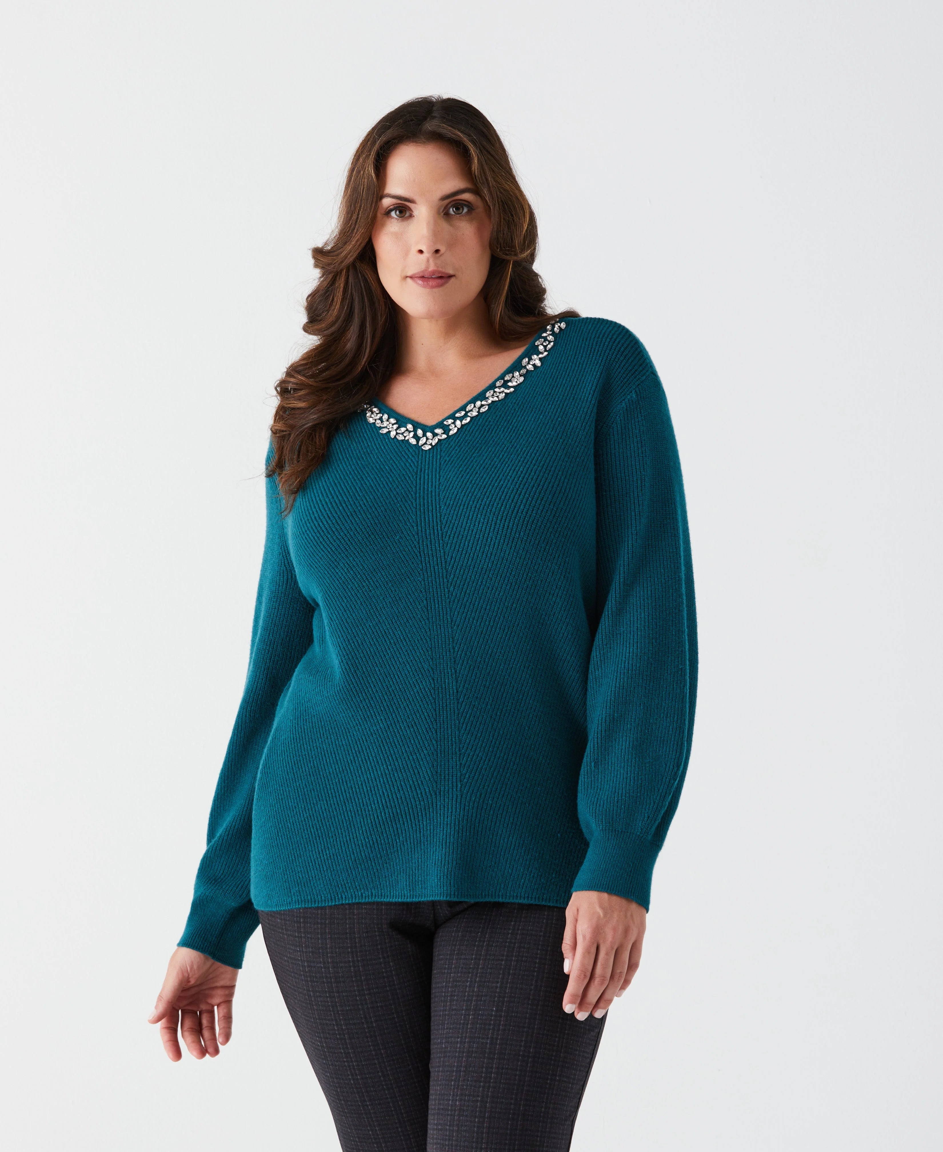 Plus Size Embellished V Neck Sweater