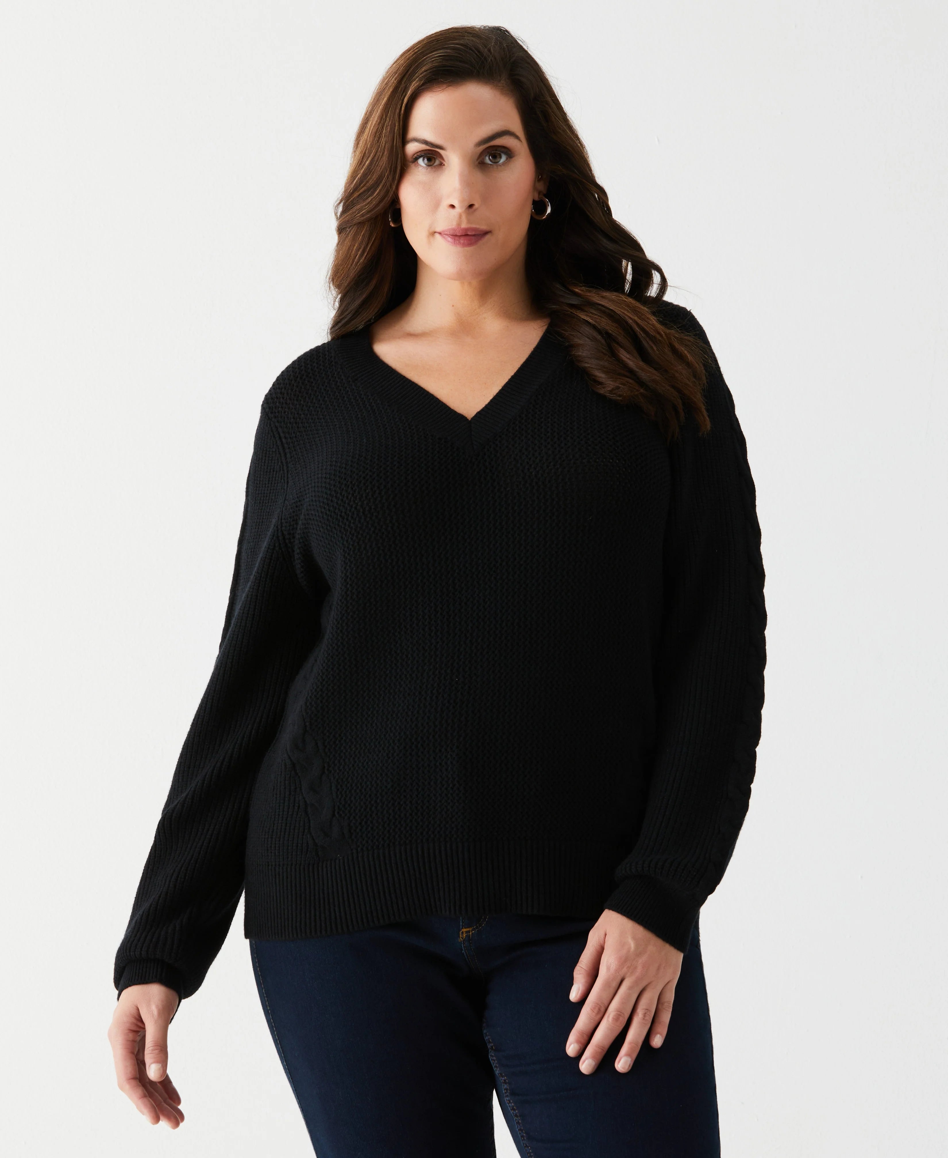 Plus Size Cable Knit V Neck Sweater