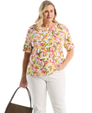 Plus Size Petal Print Pom Trim Detail Top